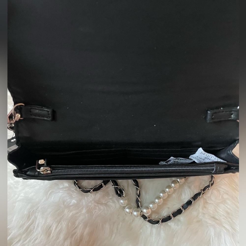 Badgley Mischka Black Quilted Crossbody with Pearl-Accent Chain - Picture 4 of 5